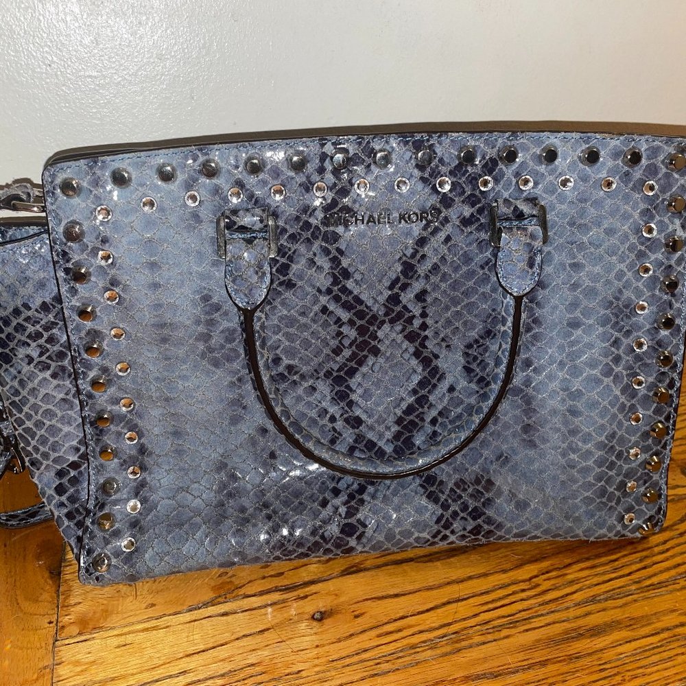 Michael Kors Selma Large Top Zip Blue Embossed Python Satchel Handbag Jewel Stud